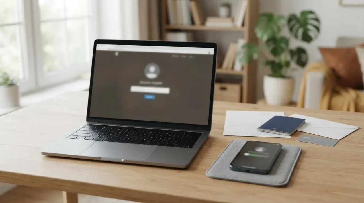 A laptop and phone beside generic identity documents on a tidy desk