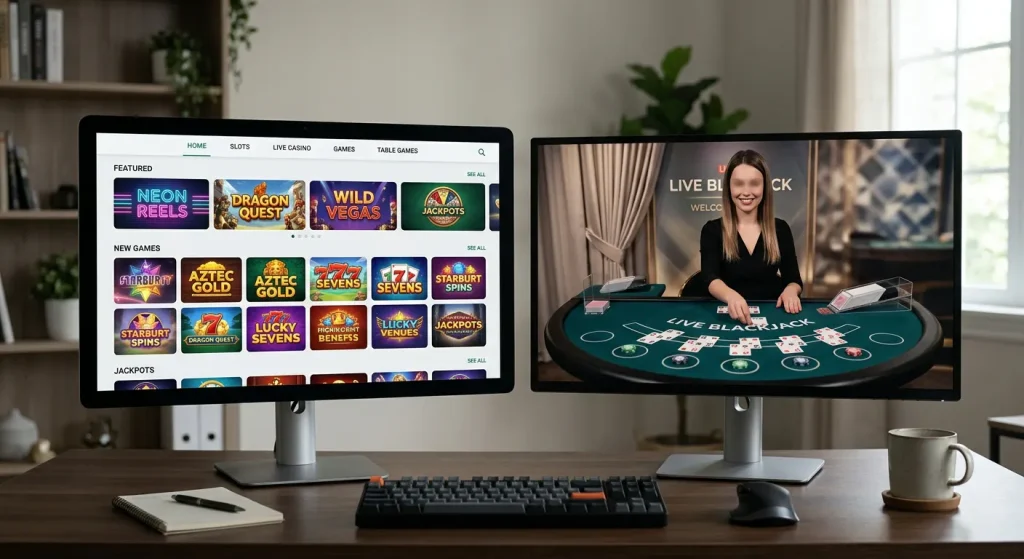A desktop game lobby beside a live dealer table shown on a second screen