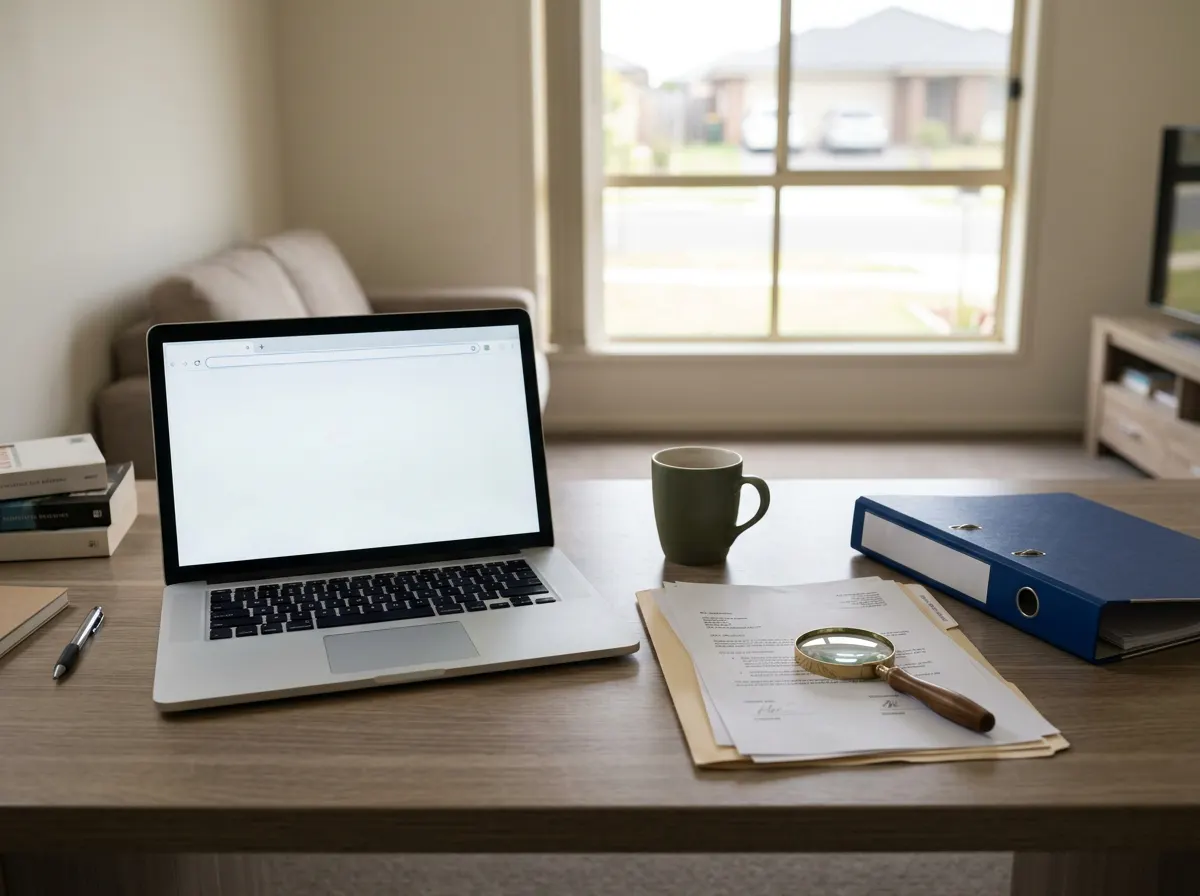 A desk with a laptop, licence papers and a magnifying glass