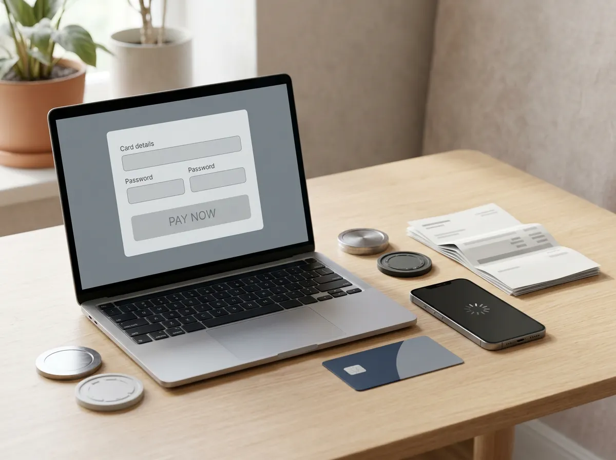 A laptop beside a bank card, phone and abstract cryptocurrency tokens