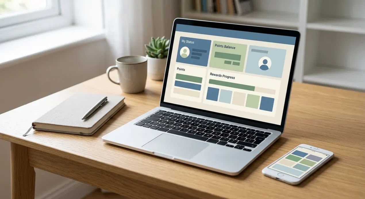 A neutral loyalty dashboard shown on a laptop beside a phone and a notebook